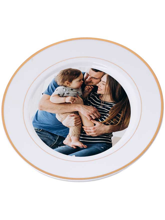 Custom printed dinner plate with gold outline